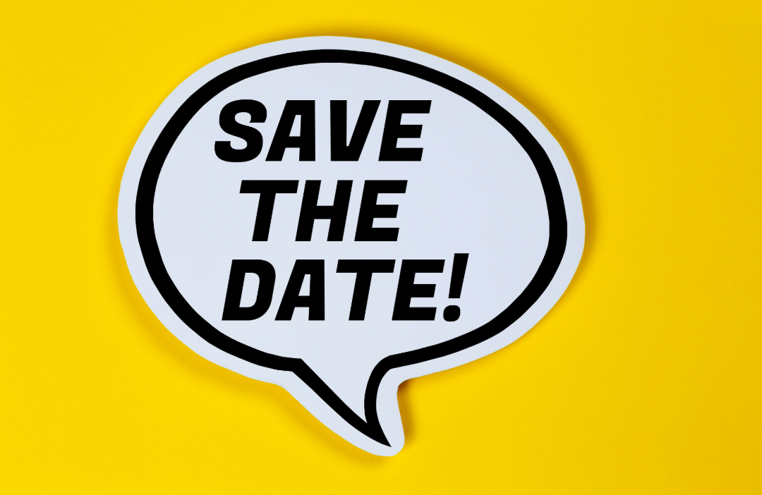 Sprechblase mit Text "Save the Date!" – "Datum vormerken"