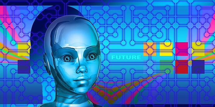 Man sieht ein in blau gehaltenes Bild mit einem Roboterkopf drauf. Im Hintergrund bunte Kästchen, daneben die Aufschrift "future" in englischer Sprache.